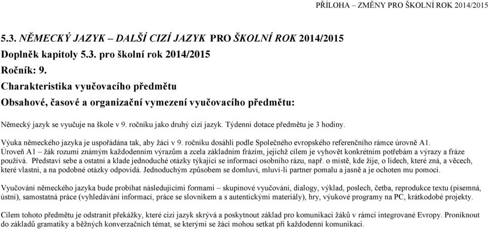 Týdenní dotace předmětu je 3 hodiny. Výuka německého jazyka je uspořádána tak, aby žáci v 9. ročníku dosáhli podle Společného evropského referenčního rámce úrovně A1.