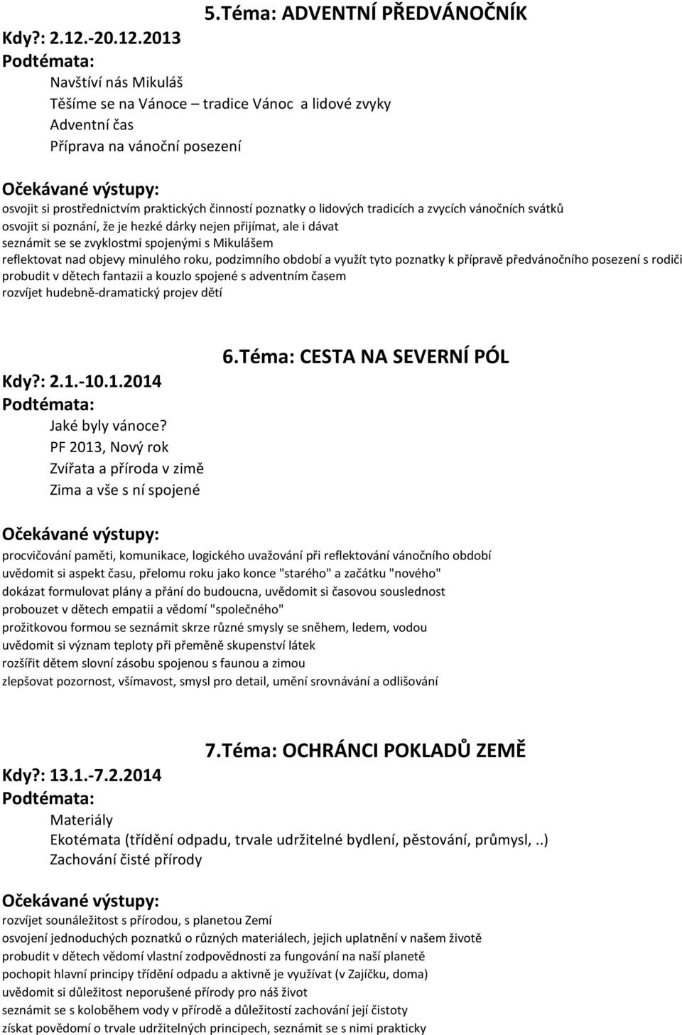 2013 Navštíví nás Mikuláš Těšíme se na Vánoce tradice Vánoc a lidové zvyky Adventní čas Příprava na vánoční posezení osvojit si prostřednictvím praktických činností poznatky o lidových tradicích a