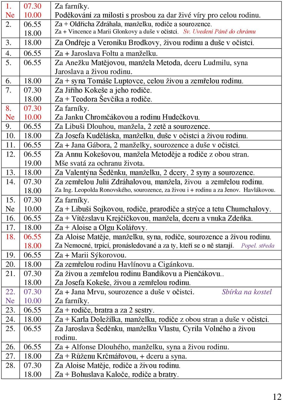 55 Za + Jaroslava Foltu a manželku. 5. 06.55 Za Anežku Matějovou, manžela Metoda, dceru Ludmilu, syna Jaroslava a živou rodinu. 6. 18.00 Za + syna Tomáše Luptovce, celou živou a zemřelou rodinu. 7.