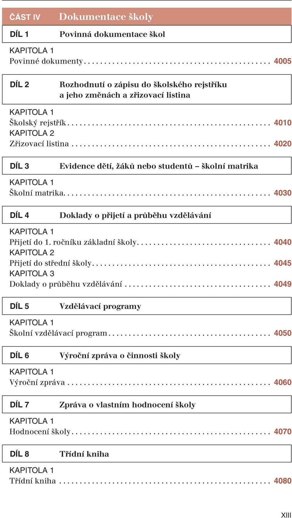 .................................................. 4030 DÍL 4 Doklady o přijetí a průběhu vzdělávání Přijetí do 1. ročníku základní školy................................. 4040 Přijetí do střední školy.