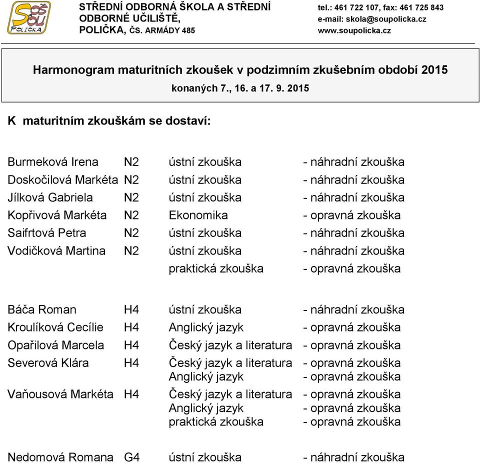 zkouška - náhradní zkouška ústní zkouška - náhradní zkouška praktická zkouška - opravná zkouška ústní zkouška - náhradní zkouška Kroulíková Cecílie H4 Anglický jazyk - opravná zkouška