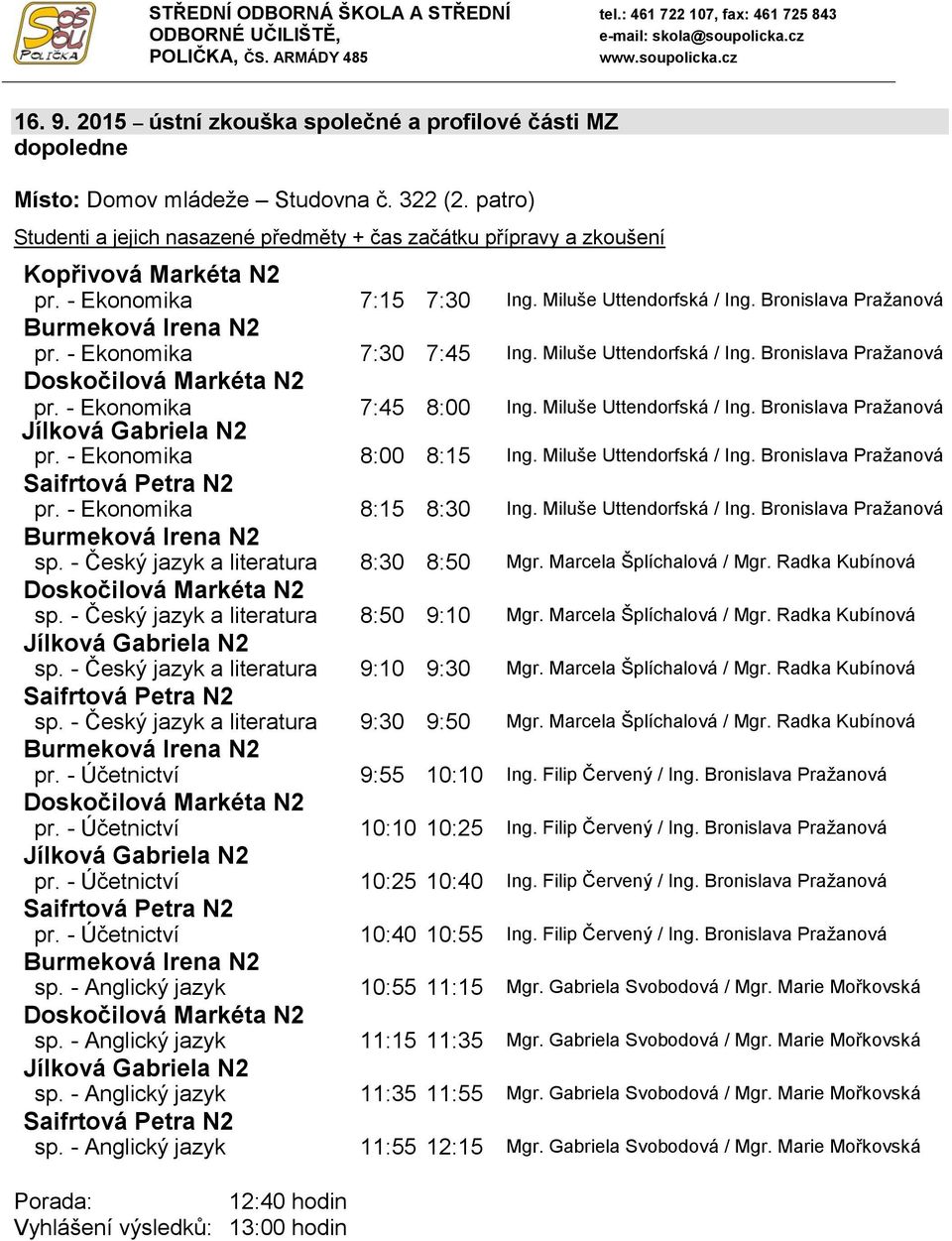 - Ekonomika 8:00 8:15 / pr. - Ekonomika 8:15 8:30 / sp. - Český jazyk a literatura 8:30 8:50 / sp. - Český jazyk a literatura 8:50 9:10 / sp. - Český jazyk a literatura 9:10 9:30 / sp.