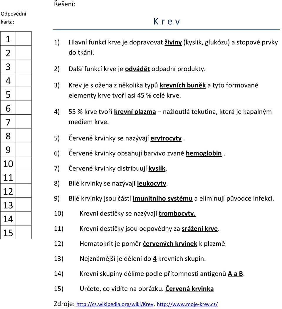 4) 55 % krve tvoří krevní plazma nažloutlá tekutina, která je kapalným mediem krve. 5) Červené krvinky se nazývají erytrocyty. 6) Červené krvinky obsahují barvivo zvané hemoglobin.