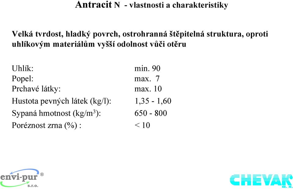 vůči otěru Uhlík: min. 90 Popel: max. 7 Prchavé látky: max.