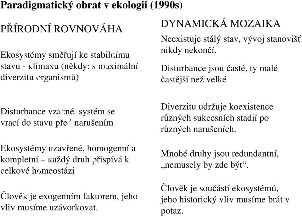 Disturbance jsou časté, ty malé častější než velké Disturbance vzácné, systém se vrací do stavu před narušením Ekosystémy uzavřené, homogenní a kompletní každý druh