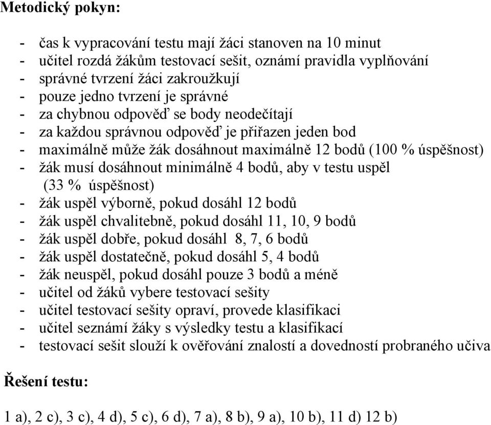 bodů, aby v testu uspěl (33 % úspěšnost) - žák uspěl výborně, pokud dosáhl 12 bodů - žák uspěl chvalitebně, pokud dosáhl 11, 10, 9 bodů - žák uspěl dobře, pokud dosáhl 8, 7, 6 bodů - žák uspěl