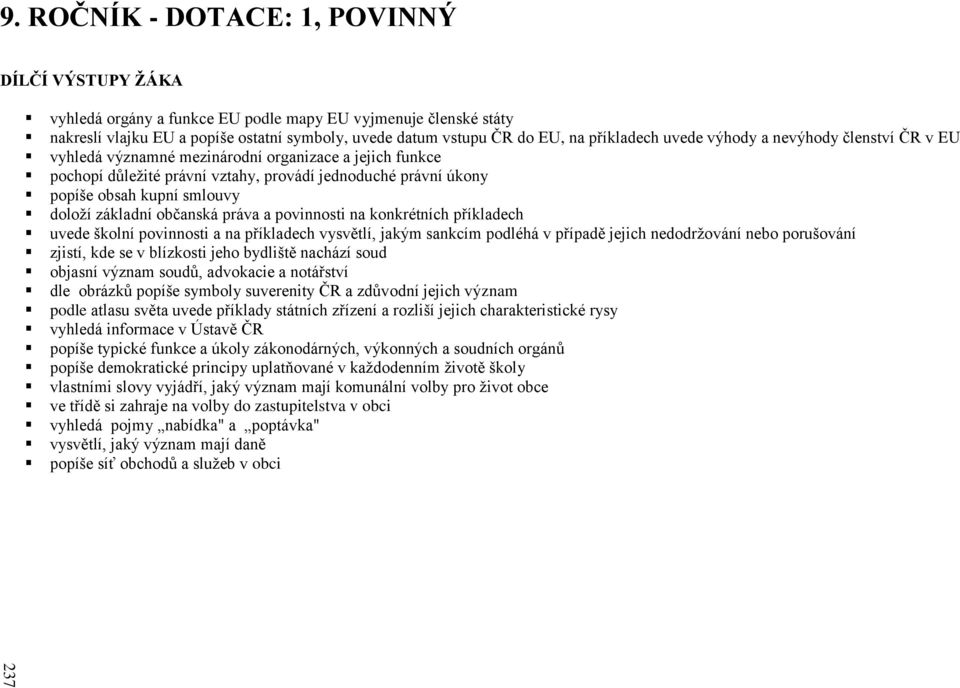 uvede výhody a nevýhody členství ČR v EU vyhledá významné mezinárodní organizace a jejich funkce pochopí důležité právní vztahy, provádí jednoduché právní úkony popíše obsah kupní smlouvy doloží