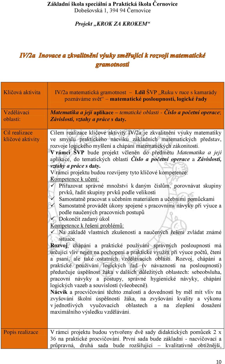 Cílem realizace klíčové aktivity IV/2a je zkvalitnění výuky matematiky ve smyslu praktického nácviku základních matematických představ, rozvoje logického myšlení a chápání matematických zákonitostí.