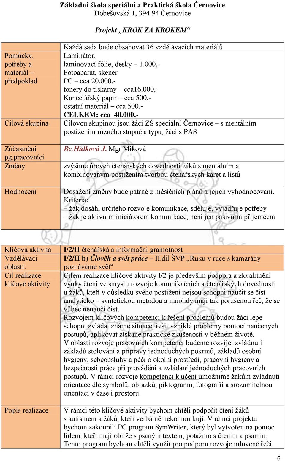 000,- Cílovou skupinou jsou žáci ZŠ speciální Černovice s mentálním postižením různého stupně a typu, žáci s PAS Bc.Hůlková J. Mgr.