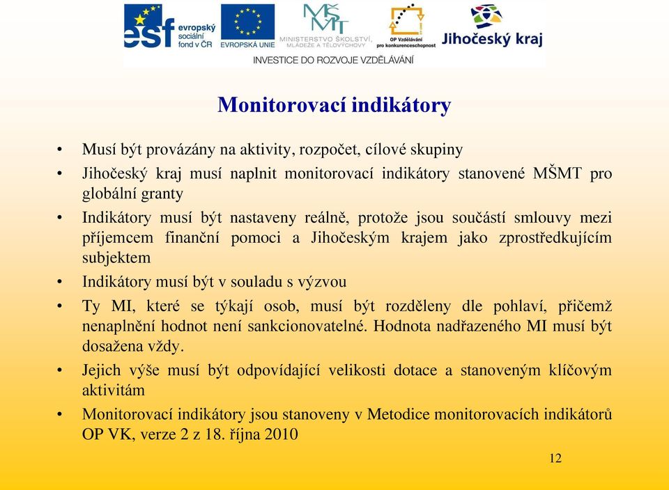 souladu s výzvou Ty MI, které se týkají osob, musí být rozděleny dle pohlaví, přičemţ nenaplnění hodnot není sankcionovatelné. Hodnota nadřazeného MI musí být dosaţena vţdy.