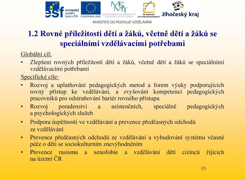 odstraňování bariér rovného přístupu Rozvoj poradenství a asistenčních, speciálně pedagogických a psychologických sluţeb Podpora úspěšnosti ve vzdělávání a prevence předčasných odchodů ze