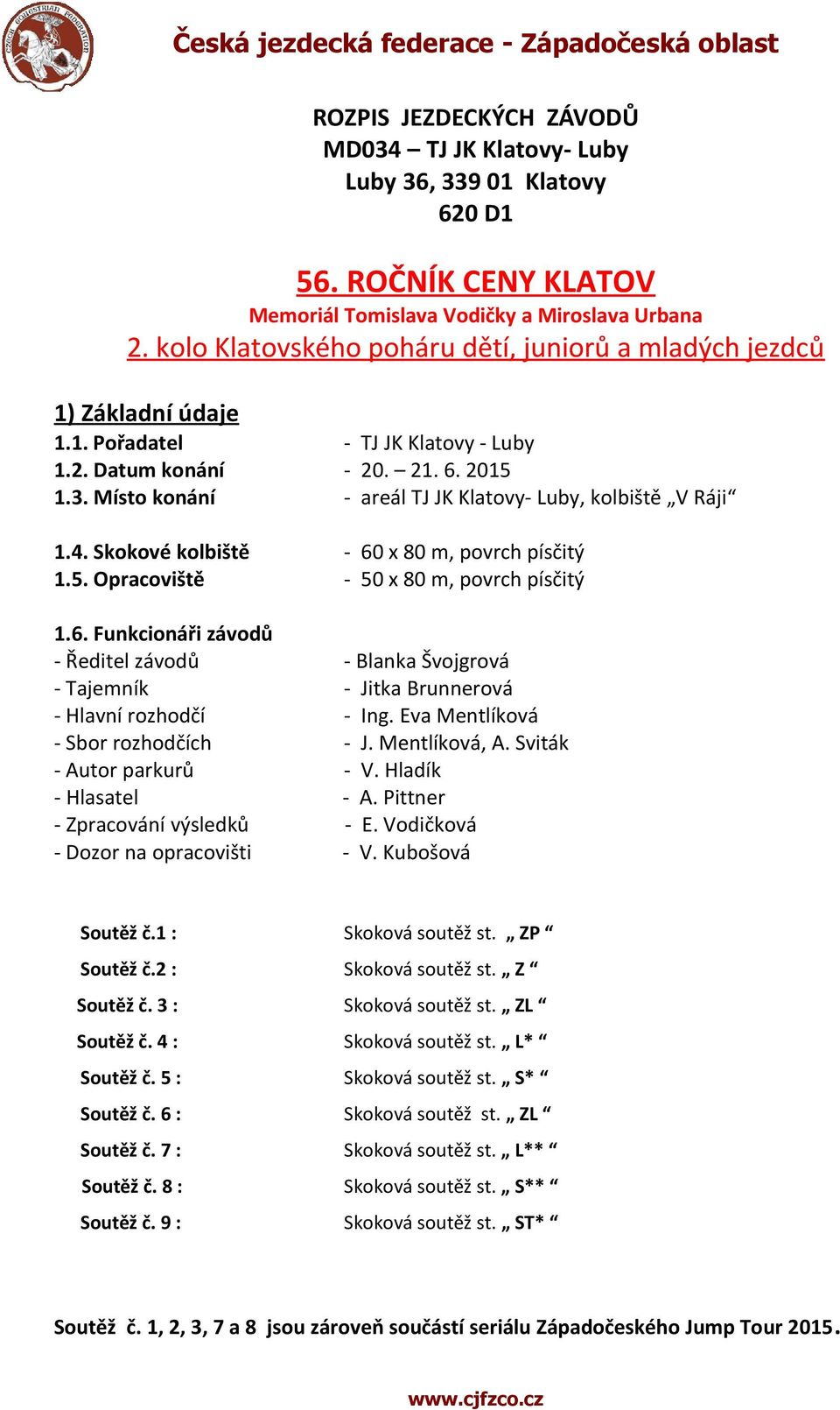 Místo konání - areál TJ JK Klatovy- Luby, kolbiště V Ráji 1.4. Skokové kolbiště - 60 x 80 m, povrch písčitý 1.5. Opracoviště - 50 x 80 m, povrch písčitý 1.6. Funkcionáři závodů - Ředitel závodů - Blanka Švojgrová - Tajemník - Jitka Brunnerová - Hlavní rozhodčí - Ing.
