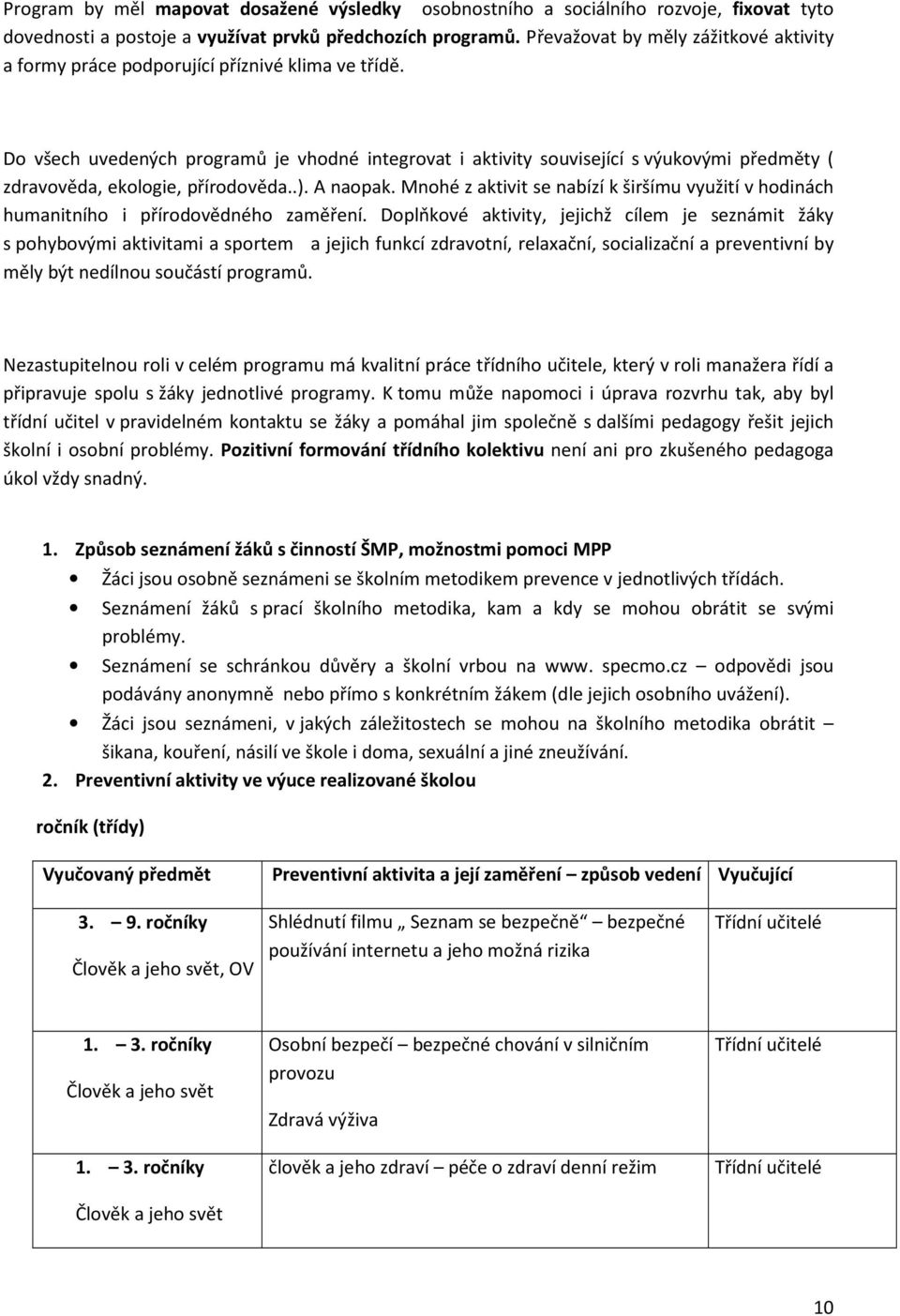 Do všech uvedených programů je vhodné integrovat i aktivity související s výukovými předměty ( zdravověda, ekologie, přírodověda..). A naopak.