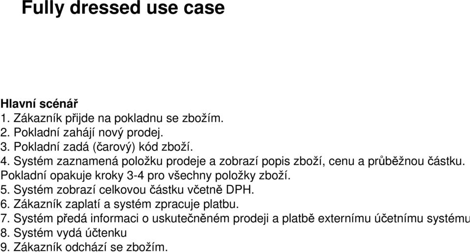 Pokladní opakuje kroky 3-4 pro všechny položky zboží. 5. Sytém zobrazí celkovou čátku včetně DPH. 6.