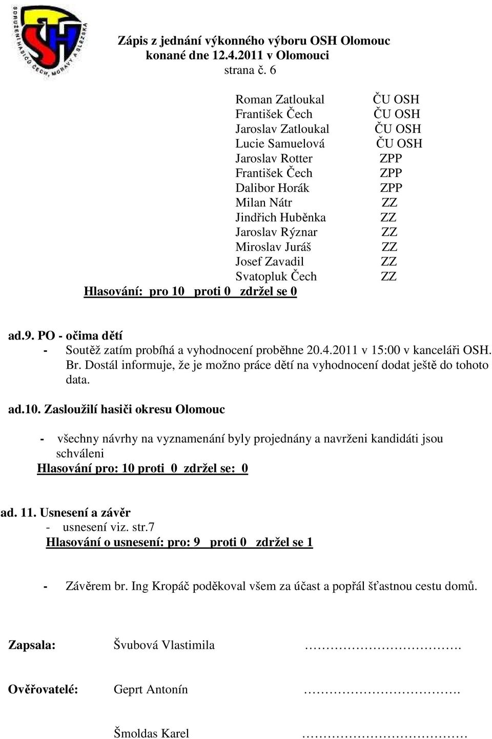 Čech Hlasování: pro 10 proti 0 zdržel se 0 ad.9. PO - očima dětí - Soutěž zatím probíhá a vyhodnocení proběhne 20.4.2011 v 15:00 v kanceláři OSH. Br.