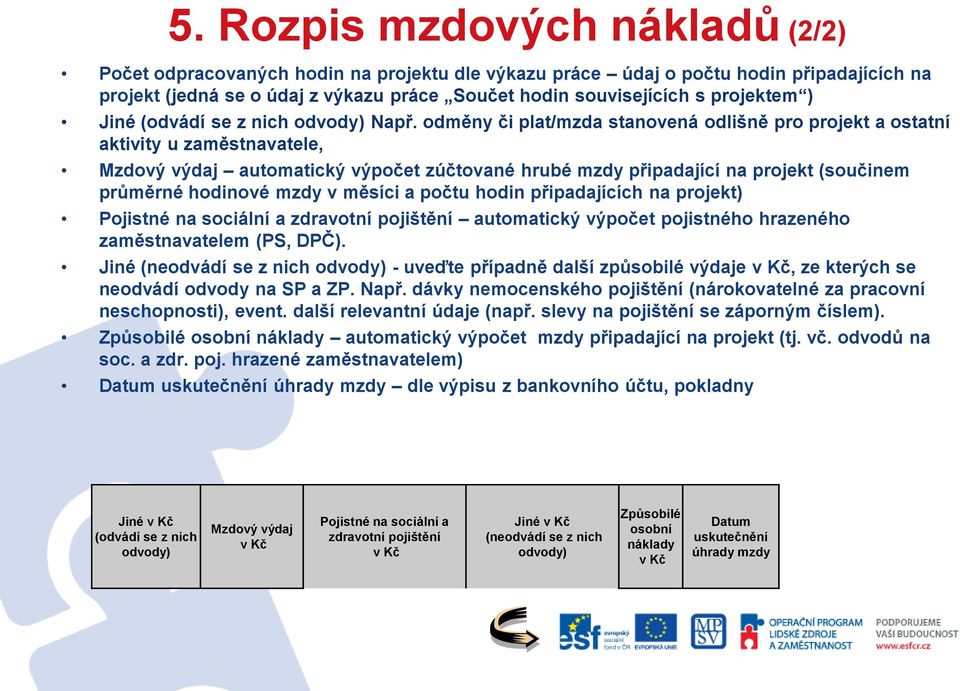 odměny či plat/mzda stanovená odlišně pro projekt a ostatní aktivity u zaměstnavatele, Mzdový výdaj automatický výpočet zúčtované hrubé mzdy připadající na projekt (součinem průměrné hodinové mzdy v