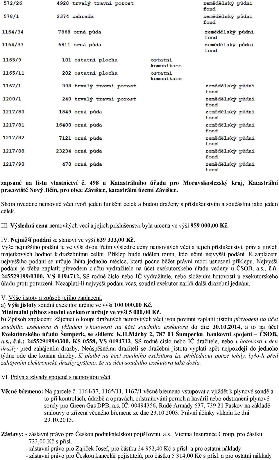 Výsledná cena nemovitých věcí a jejich příslušenství byla určena ve výši 959 000,00 Kč. IV. Nejnižší podání se stanoví ve výši 639 333,00 Kč.