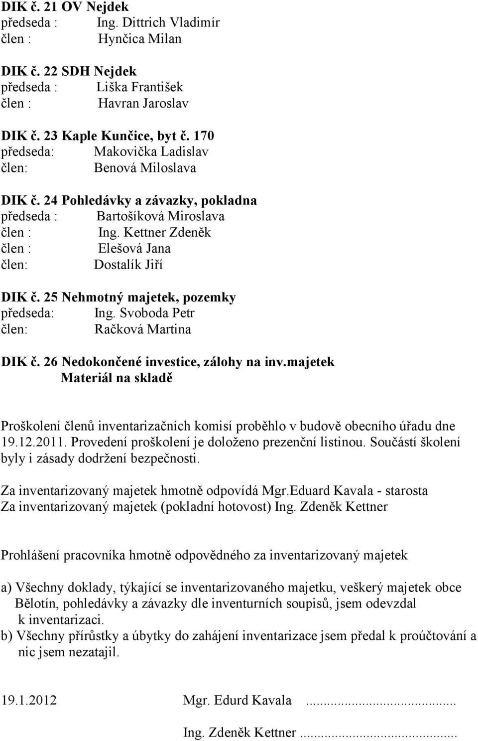 Kettner Zdeněk člen : Elešová Jana člen: Dostalík Jiří DIK č. 25 Nehmotný majetek, pozemky předseda: Ing. Svoboda Petr člen: Račková Martina DIK č. 26 Nedokončené investice, zálohy na inv.