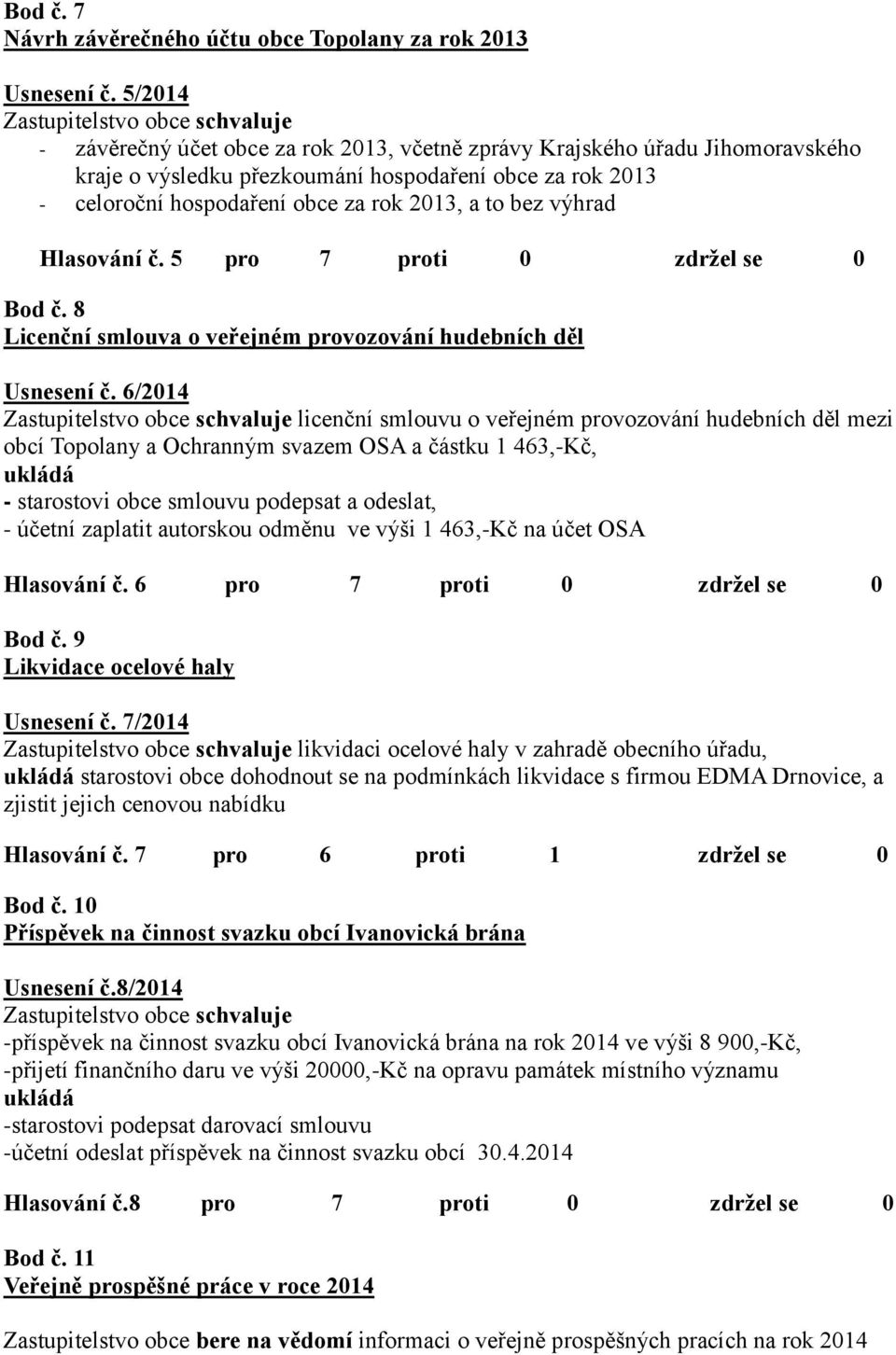 obce za rok 2013, a to bez výhrad Hlasování č. 5 pro 7 proti 0 zdržel se 0 Bod č. 8 Licenční smlouva o veřejném provozování hudebních děl Usnesení č.