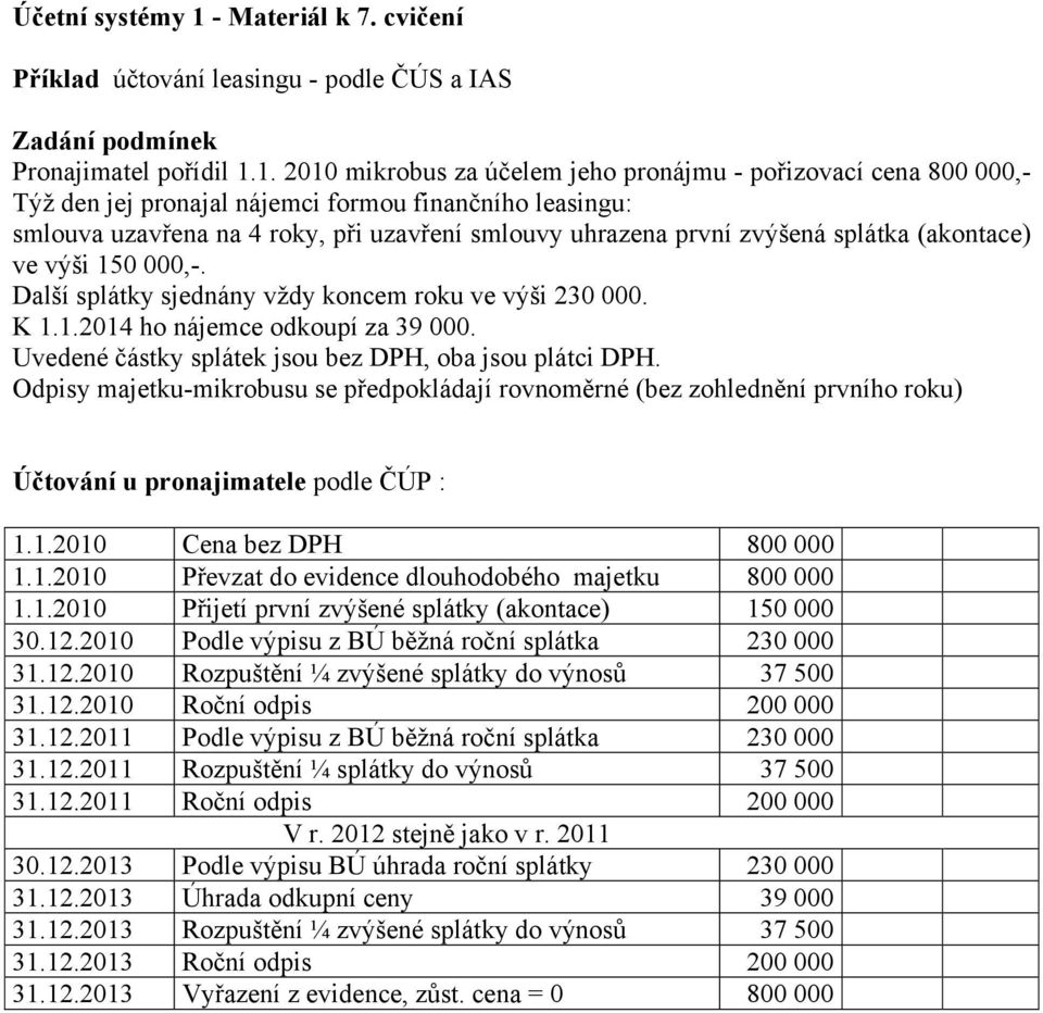 1. 2010 mikrobus za účelem jeho pronájmu - pořizovací cena 800 000,- Týž den jej pronajal nájemci formou finančního leasingu: smlouva uzavřena na 4 roky, při uzavření smlouvy uhrazena první zvýšená