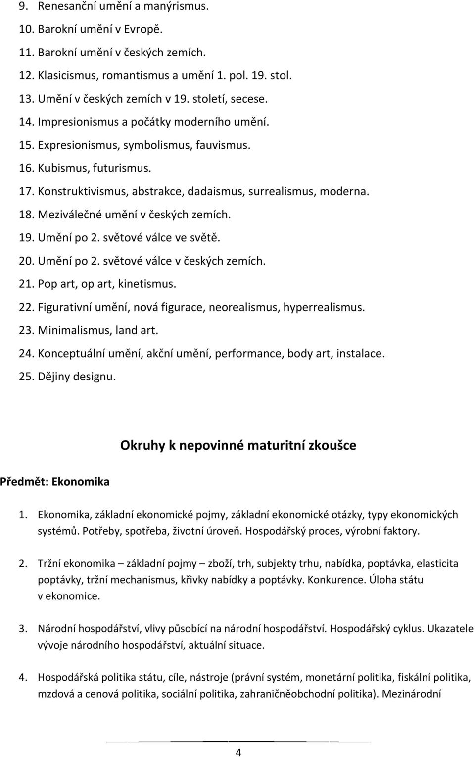 18. Meziválečné umění v českých zemích. 19. Umění po 2. světové válce ve světě. 20. Umění po 2. světové válce v českých zemích. 21. Pop art, op art, kinetismus. 22.