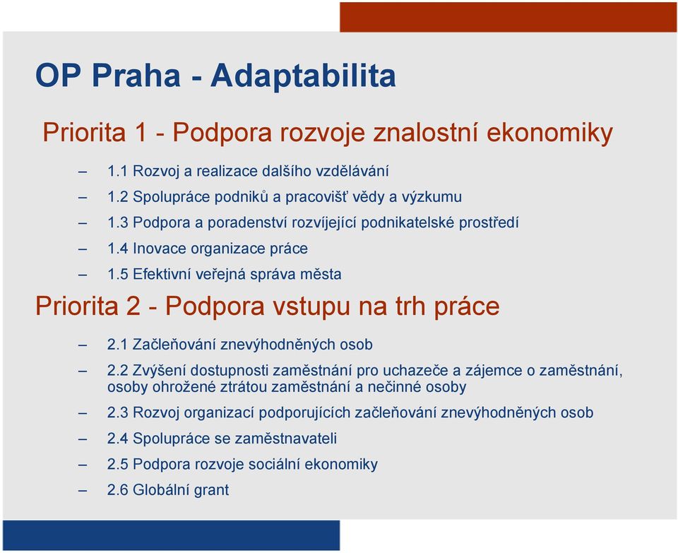 5 Efektivní veřejná správa města Priorita 2 - Podpora vstupu na trh práce 2.1 Začleňování znevýhodněných osob 2.