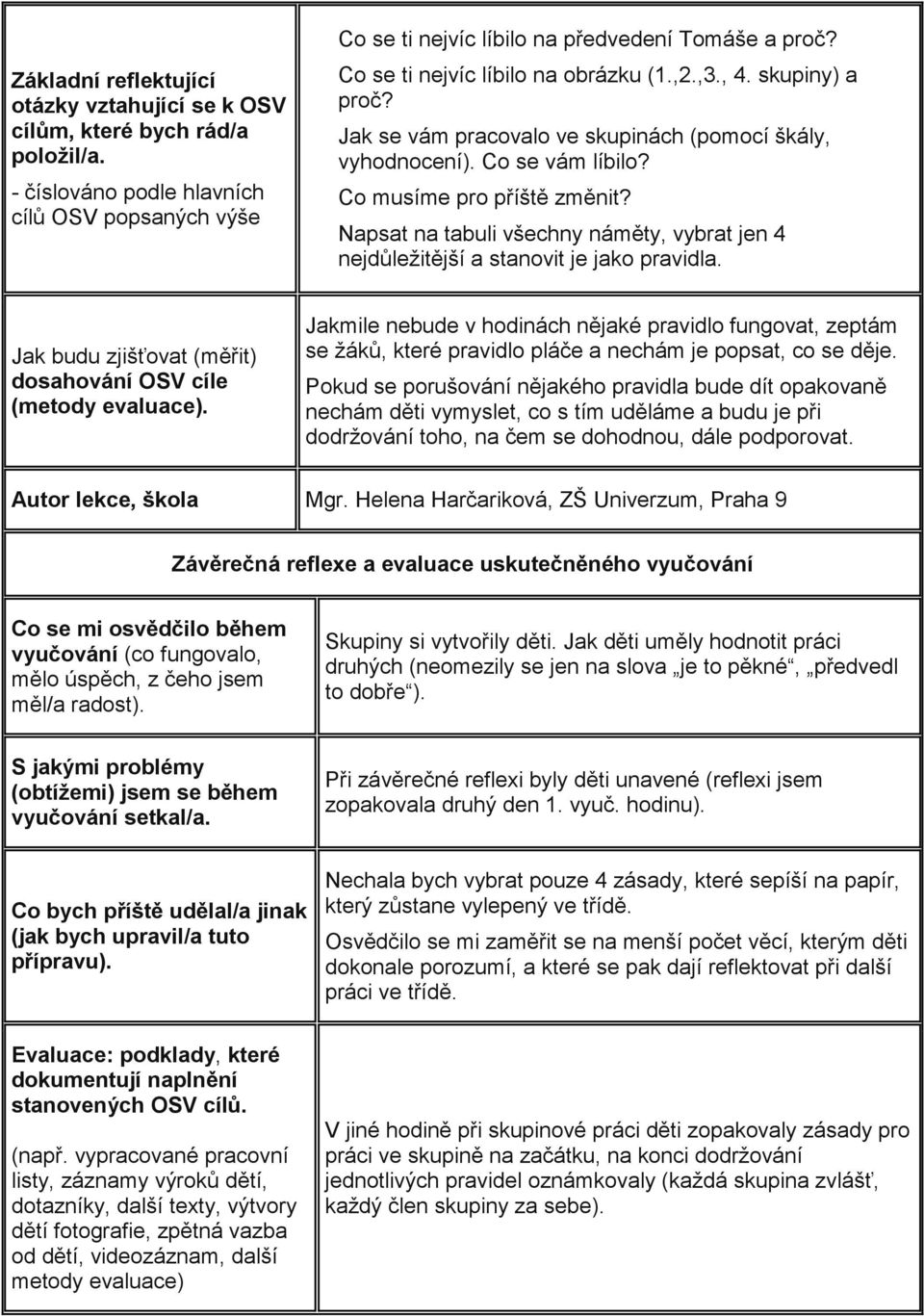 Napsat na tabuli všechny náměty, vybrat jen 4 nejdůležitější a stanovit je jako pravidla. Jak budu zjišťovat (měřit) dosahování OSV cíle (metody evaluace).