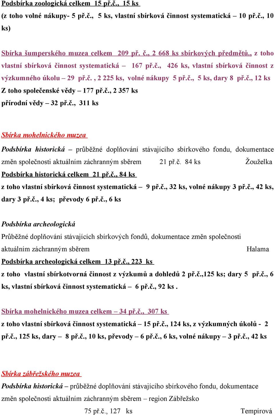 č., 2 357 ks přírodní vědy 32 př.č., 311 ks Sbírka mohelnického muzea Podsbírka historická průběžné doplňování stávajícího sbírkového fondu, dokumentace změn společnosti aktuálním záchranným sběrem 21 př.