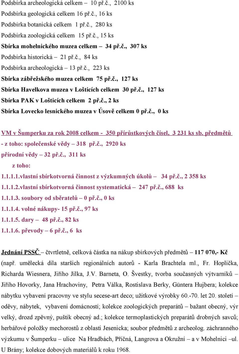 č., 2 ks Sbírka Lovecko lesnického muzea v Úsově celkem 0 př.č., 0 ks VM v Šumperku za rok 2008 celkem 350 přírůstkových čísel, 3 231 ks sb. předmětů z toho: společenské vědy 318 př.č., 2920 ks přírodní vědy 32 př.
