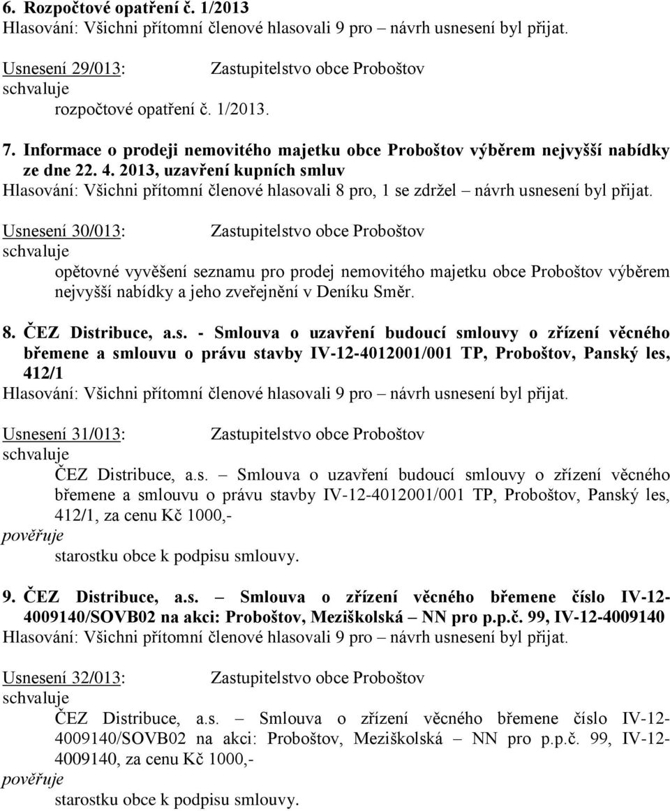 2013, uzavření kupních smluv Hlasování: Všichni přítomní členové hlasovali 8 pro, 1 se zdržel návrh usnesení byl přijat.