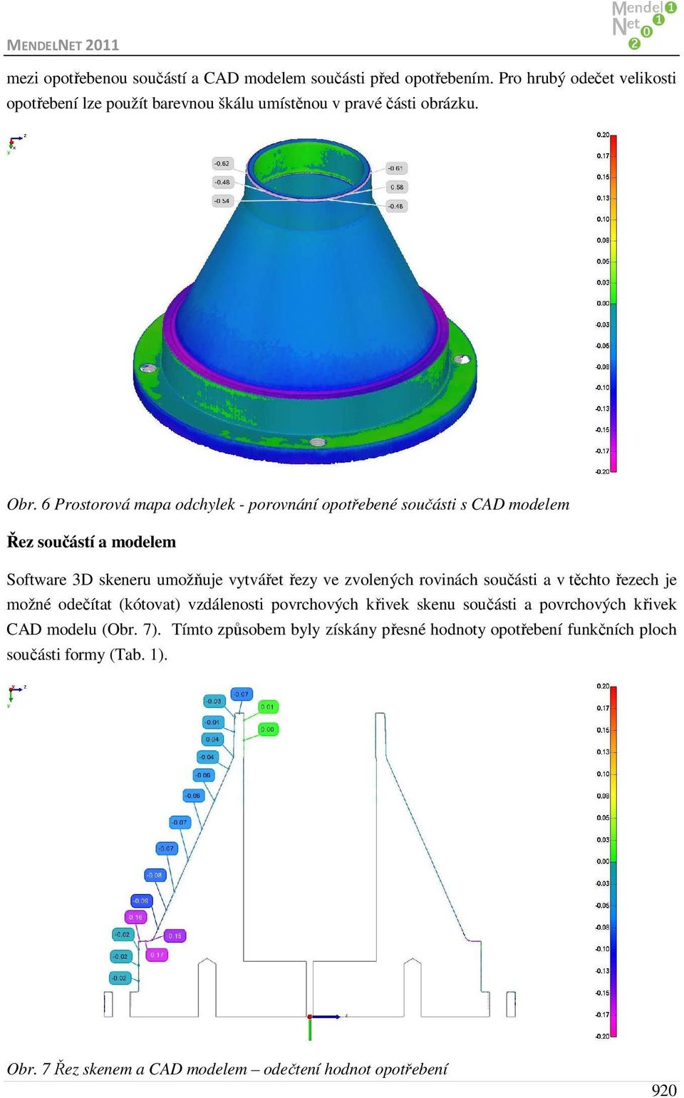 6 Prostorová mapa odchylek - porovnání opotřebené součásti s CAD modelem Řez součástí a modelem Software 3D skeneru umožňuje vytvářet řezy ve zvolených