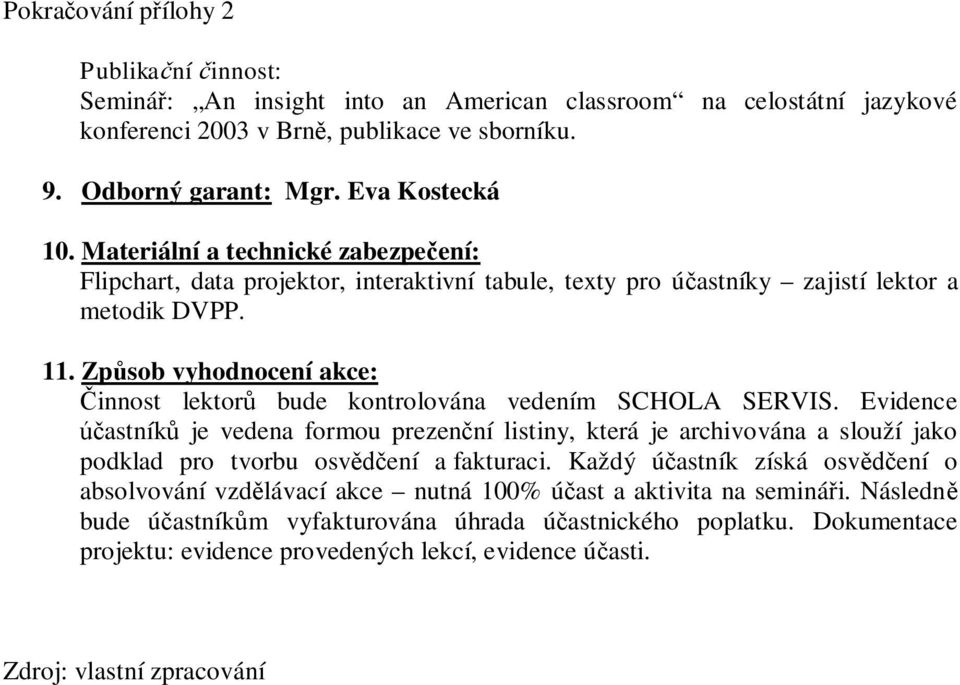 Zp sob vyhodnocení akce: innost lektor bude kontrolována vedením SCHOLA SERVIS.