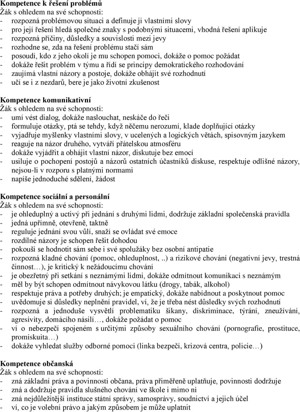 principy demokratického rozhodování - zaujímá vlastní názory a postoje, dokáže obhájit své rozhodnutí - učí se i z nezdarů, bere je jako životní zkušenost Kompetence komunikativní - umí vést dialog,