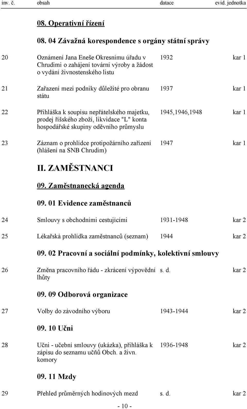 pro obranu státu 22 Přihláška k soupisu nepřátelského majetku, prodej říšského zboží, likvidace "L" konta hospodářské skupiny oděvního průmyslu 23 Záznam o prohlídce protipožárního zařízení (hlášení