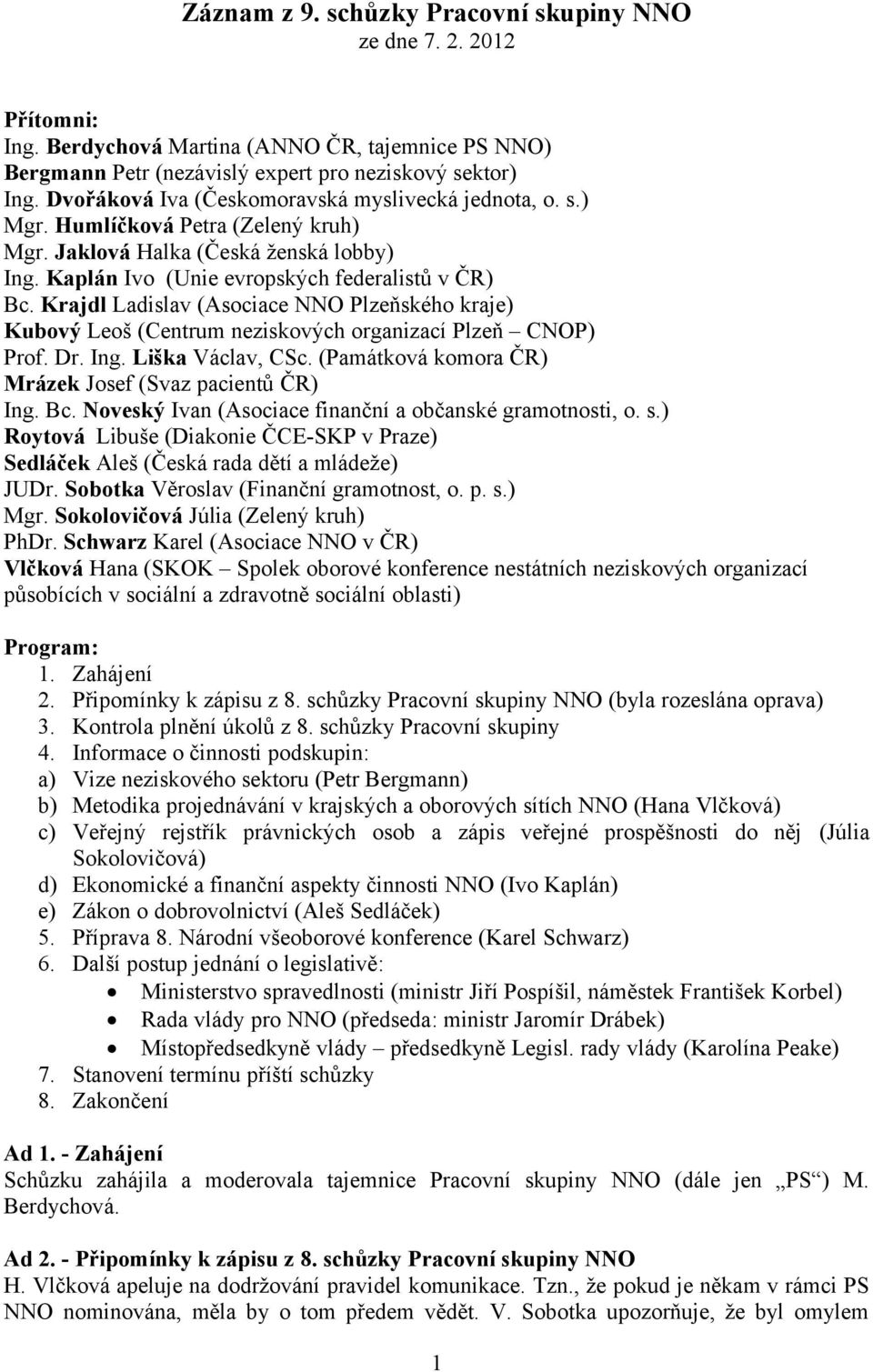 Krajdl Ladislav (Asociace NNO Plzeňského kraje) Kubový Leoš (Centrum neziskových organizací Plzeň CNOP) Prof. Dr. Ing. Liška Václav, CSc. (Památková komora ČR) Mrázek Josef (Svaz pacientů ČR) Ing. Bc.