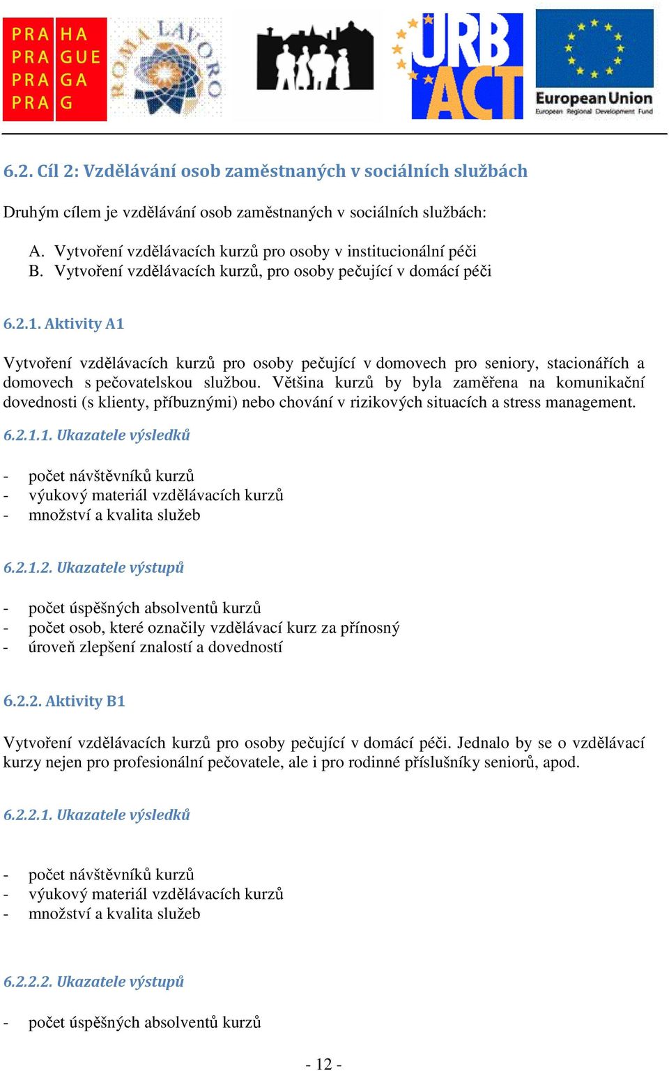 Aktivity A1 Vytvoření vzdělávacích kurzů pro osoby pečující v domovech pro seniory, stacionářích a domovech s pečovatelskou službou.