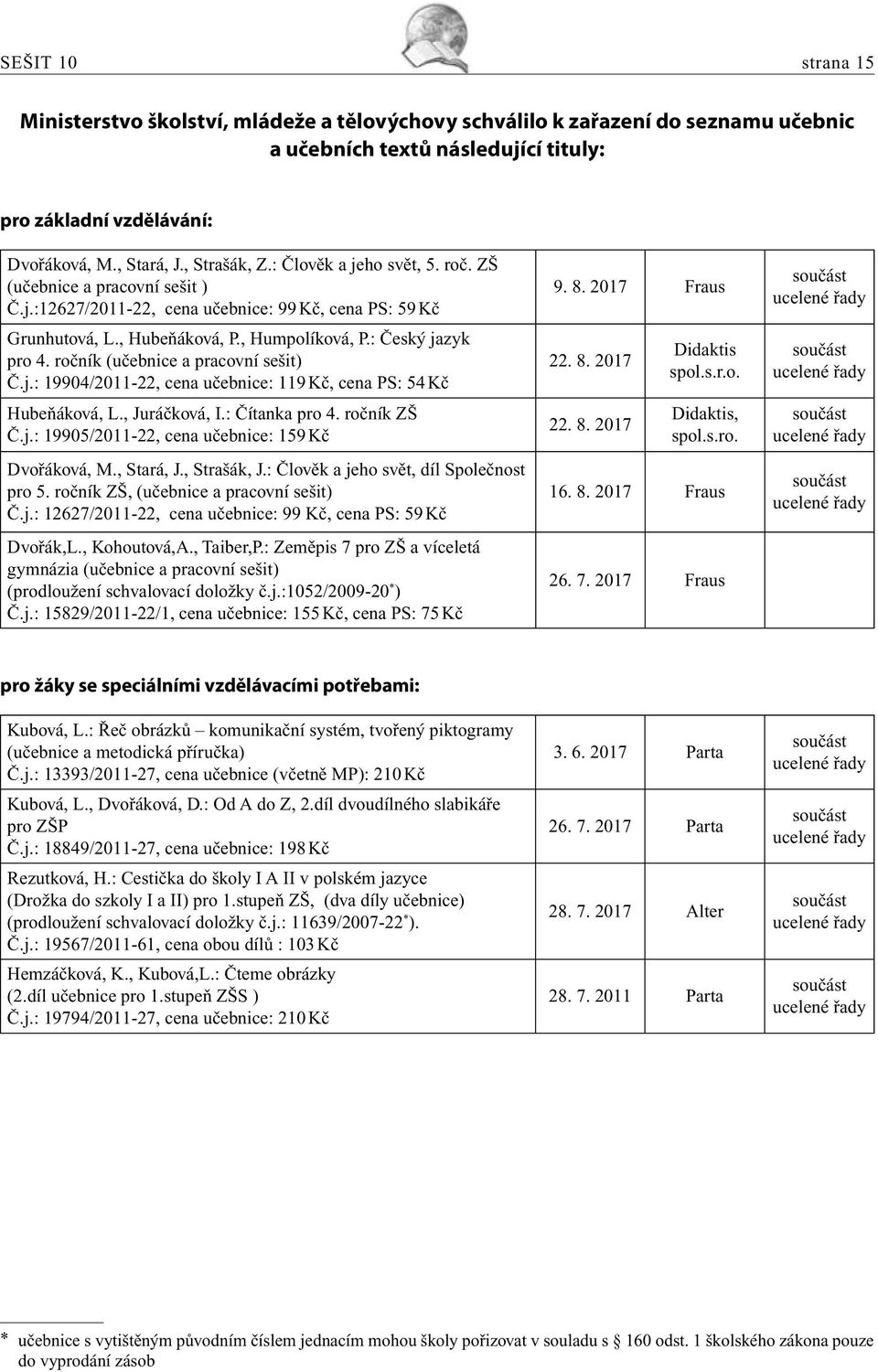 ročník (učebnice a pracovní sešit) Č.j.: 19904/2011-22, cena učebnice: 119 Kč, cena PS: 54 Kč Hubeňáková, L., Juráčková, I.: Čítanka pro 4. ročník ZŠ Č.j.: 19905/2011-22, cena učebnice: 159 Kč Dvořáková, M.