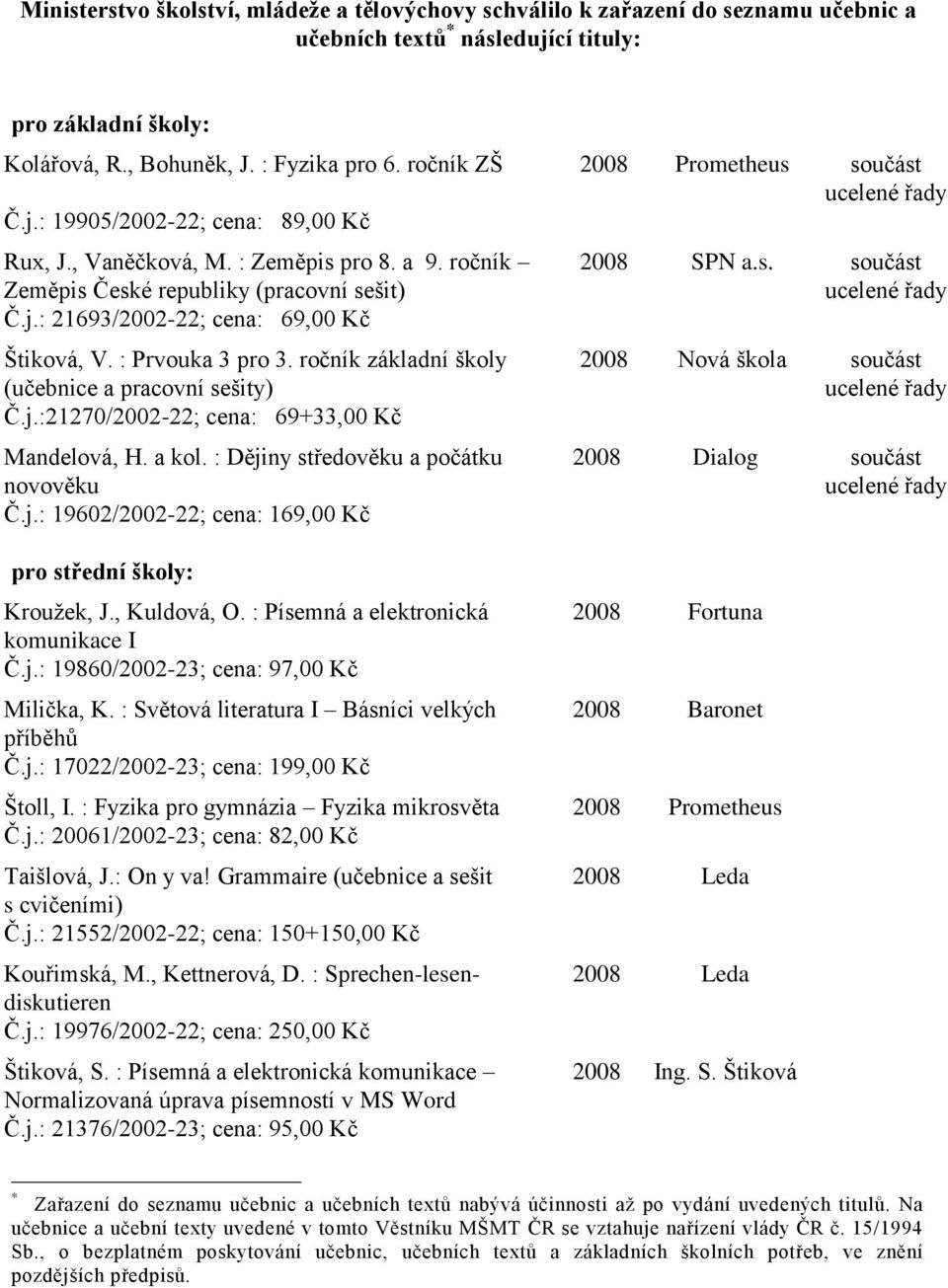 : Prvouka 3 pro 3. ročník základní školy (učebnice a pracovní sešity) Č.j.:21270/2002-22; cena: 69+33,00 Kč Mandelová, H. a kol. : Dějiny středověku a počátku novověku Č.j.: 19602/2002-22; cena: 169,00 Kč pro střední školy: Kroužek, J.