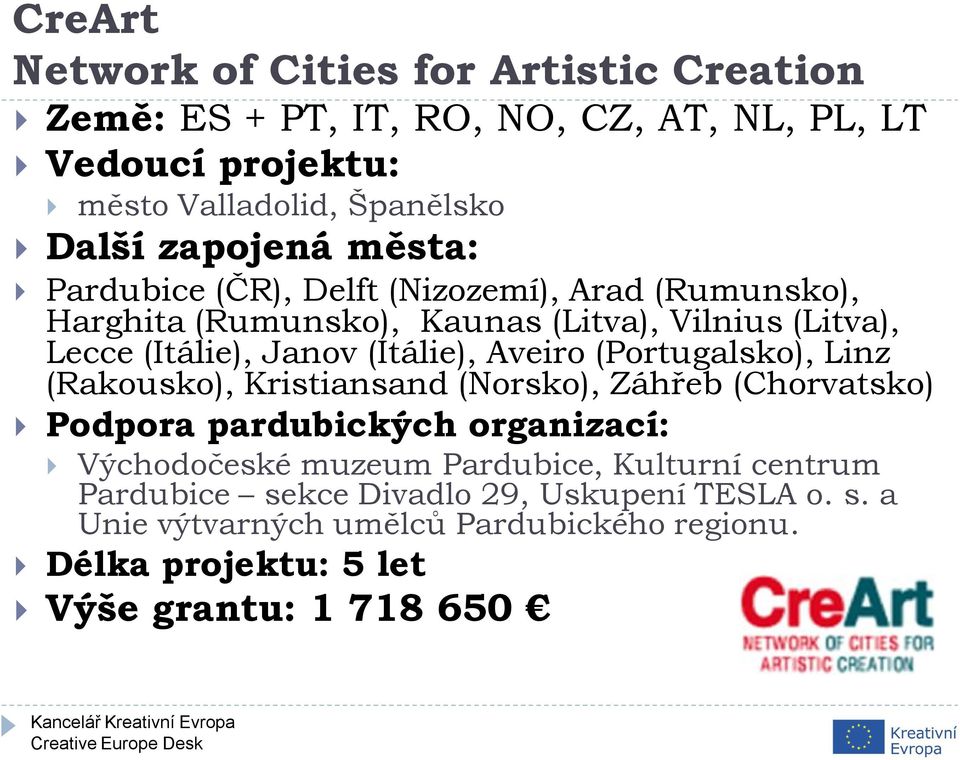 (Itálie), Aveiro (Portugalsko), Linz (Rakousko), Kristiansand (Norsko), Záhřeb (Chorvatsko) Podpora pardubických organizací: Východočeské muzeum
