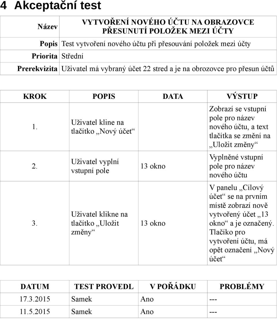 okno 13 okno Zobrazí se vstupní pole pro název nového účtu, a text tlačítka se změní na Uložit změny Vyplněné vstupní pole pro název nového účtu V panelu Cílový