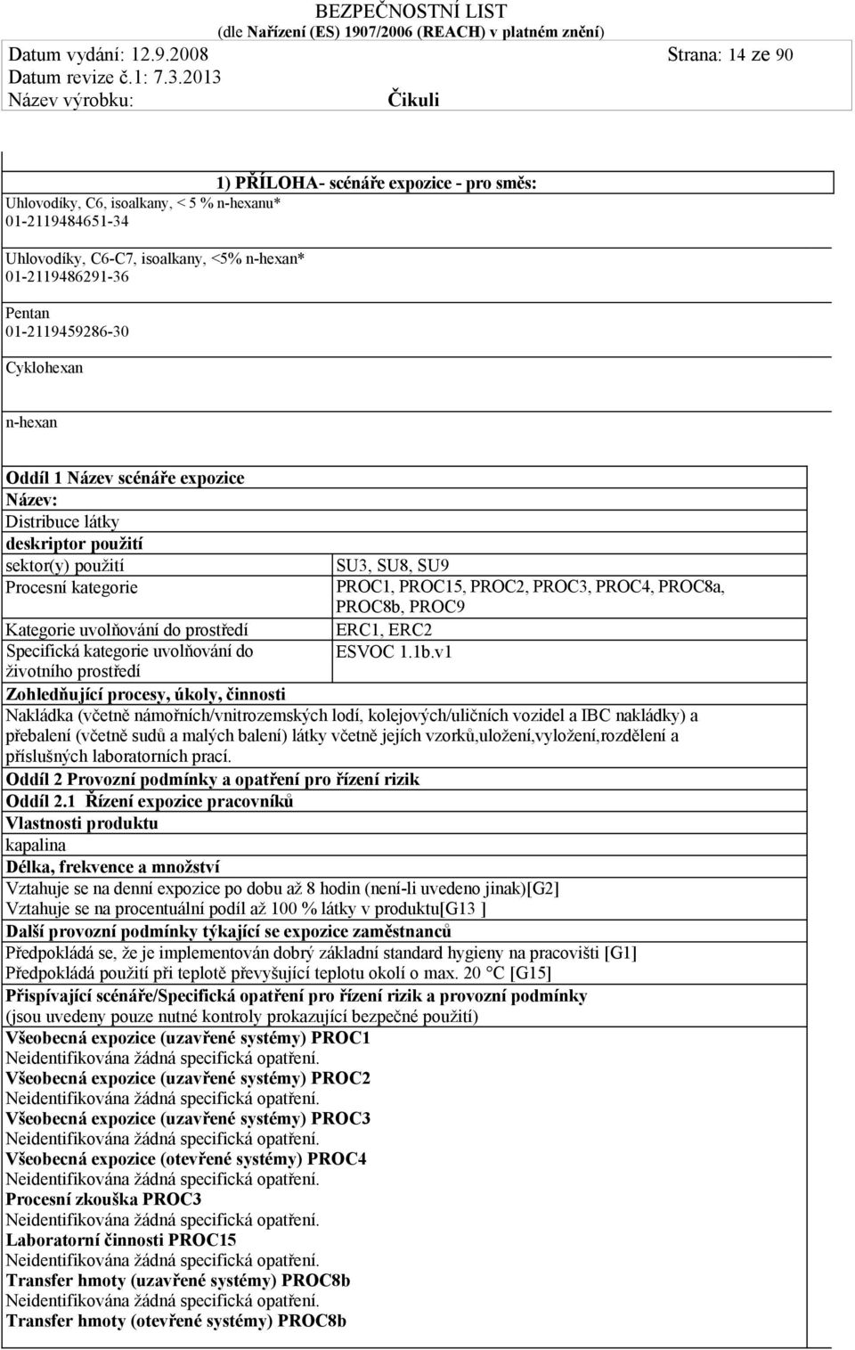 01-2119459286-30 Cyklohexan n-hexan Oddíl 1 Název scénáře expozice Název: Distribuce látky deskriptor použití sektor(y) použití Procesní kategorie SU3, SU8, SU9 PROC1, PROC15, PROC2, PROC3, PROC4,