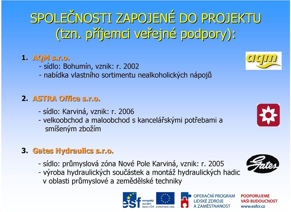 2006 - velkoobchod a maloobchod s kancelářskými potřebami a smíšeným zbožím 3. Gates Hydraulics s.r.o. - sídlo: průmyslová zóna Nové Pole Karviná, vznik: r.