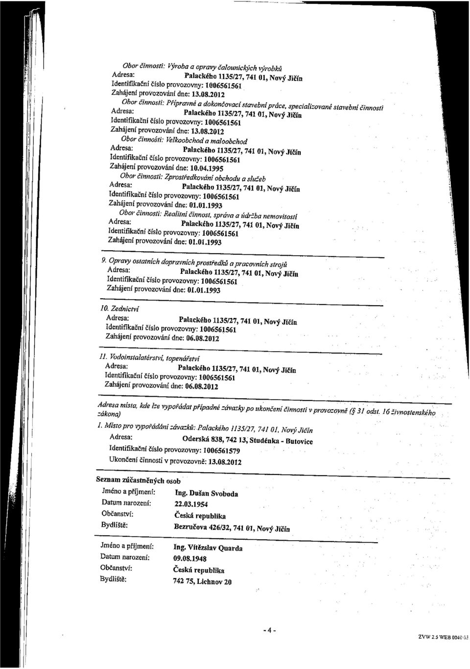 provozování dne; 13.08.2012 Obor činnoštj: Velkoobchod a maloobchod Adresa; Palackého 1135/27, 741 01, Nový Jičín Zahájeni provozováni dne: 10,94.