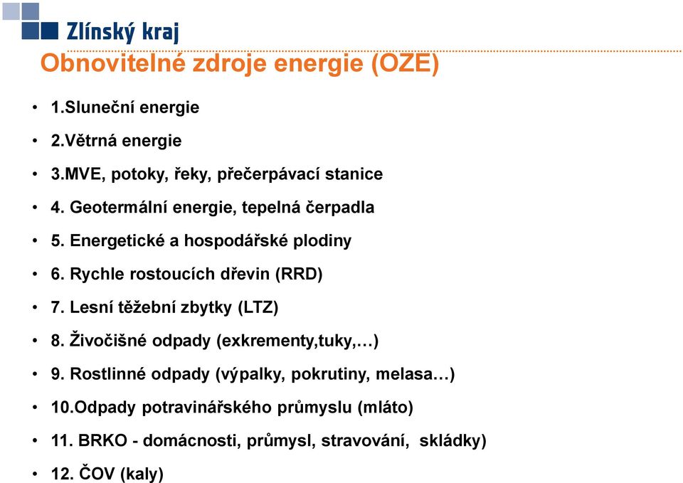 Lesní těžební zbytky (LTZ) 8. Živočišné odpady (exkrementy,tuky, ) 9.