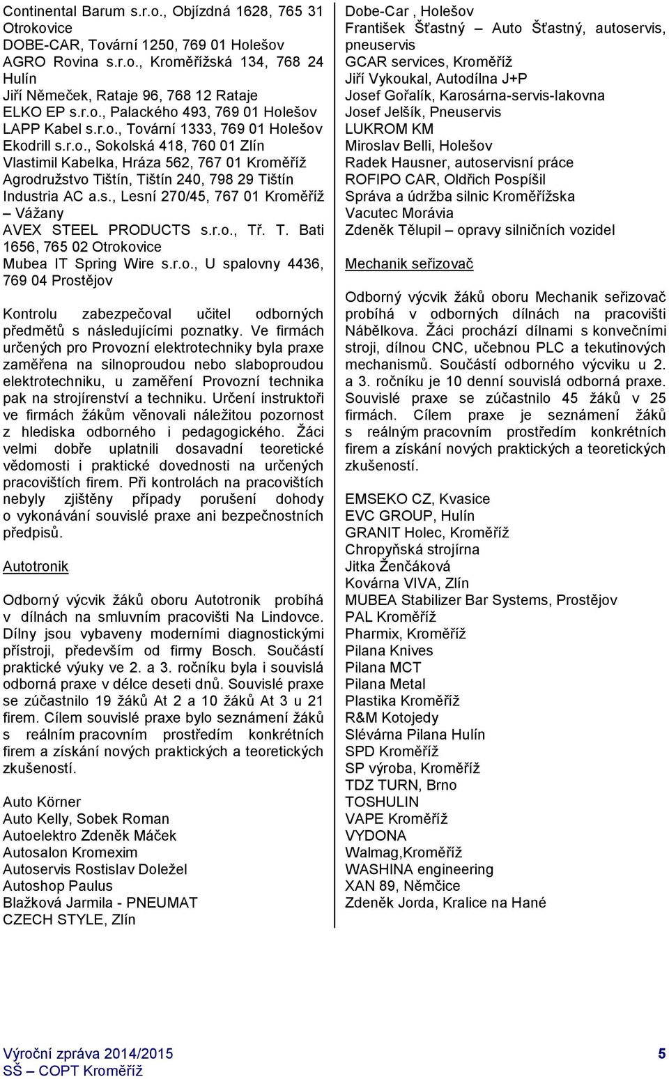 r.o., Tř. T. Bati 1656, 765 02 Otrokovice Mubea IT Spring Wire s.r.o., U spalovny 4436, 769 04 Prostějov Kontrolu zabezpečoval učitel odborných předmětů s následujícími poznatky.