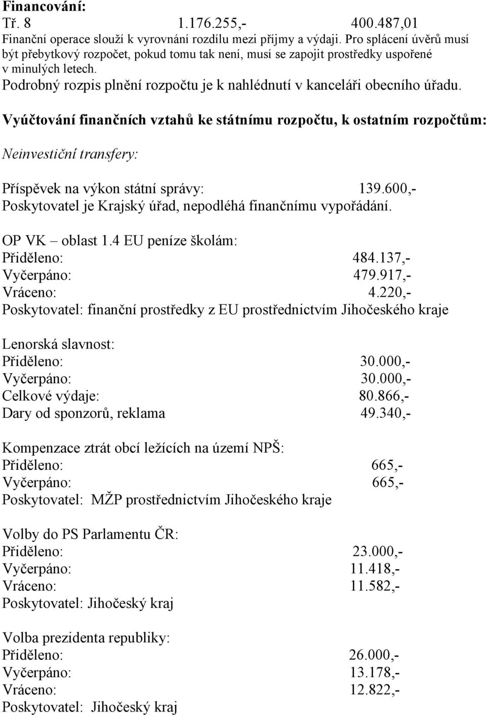 Vyúčtování finančních vztahů ke státnímu rozpočtu, k ostatním rozpočtům: Neinvestiční transfery: Příspěvek na výkon státní správy: 139.