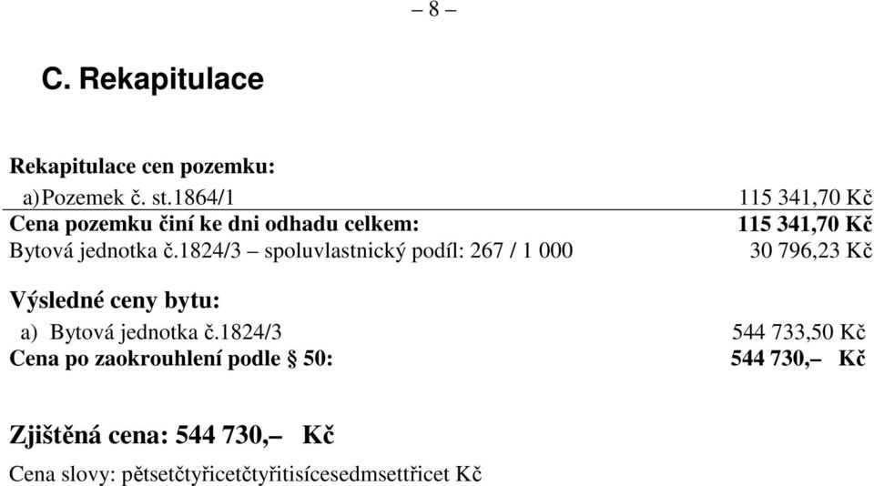 1824/3 spoluvlastnický podíl: 267 / 1 000 115 341,70 Kč 115 341,70 Kč 30 796,23 Kč Výsledné ceny