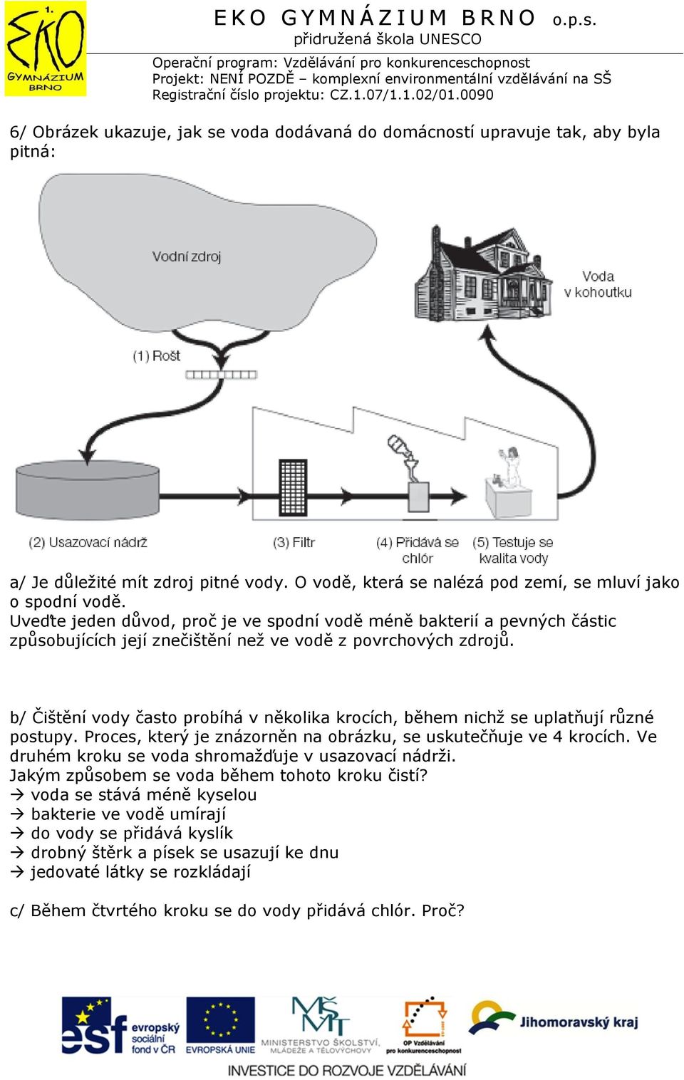 b/ Čištění vody často probíhá v několika krocích, během nichž se uplatňují různé postupy. Proces, který je znázorněn na obrázku, se uskutečňuje ve 4 krocích.