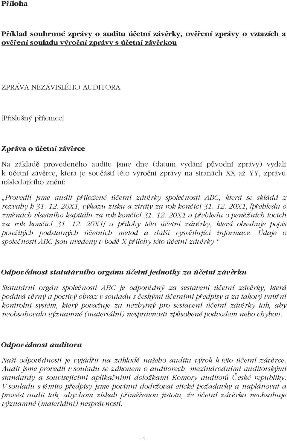 jsme audit p iložené ú etní záv rky spole nosti ABC, která se skládá z rozvahy k 31. 12. 20X1, výkazu zisku a ztráty za rok kon ící 31. 12. 20X1, [p ehledu o zm nách vlastního kapitálu za rok kon ící 31.