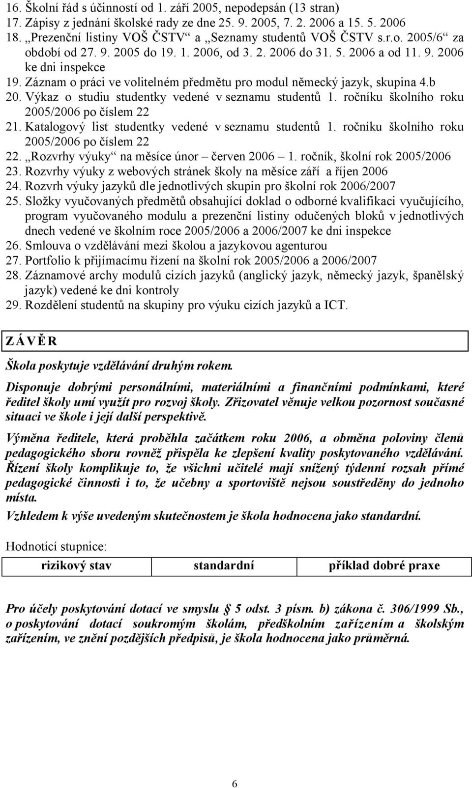 Záznam o práci ve volitelném předmětu pro modul německý jazyk, skupina 4.b 20. Výkaz o studiu studentky vedené v seznamu studentů 1. ročníku školního roku 2005/2006 po číslem 22 21.